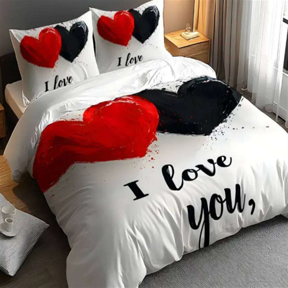 3D Love Heart Design Duvet Cover Set, 100% Polyester, Abstract Pattern, All-Season Soft Sanded Fabric Digital Bedding Set W260302