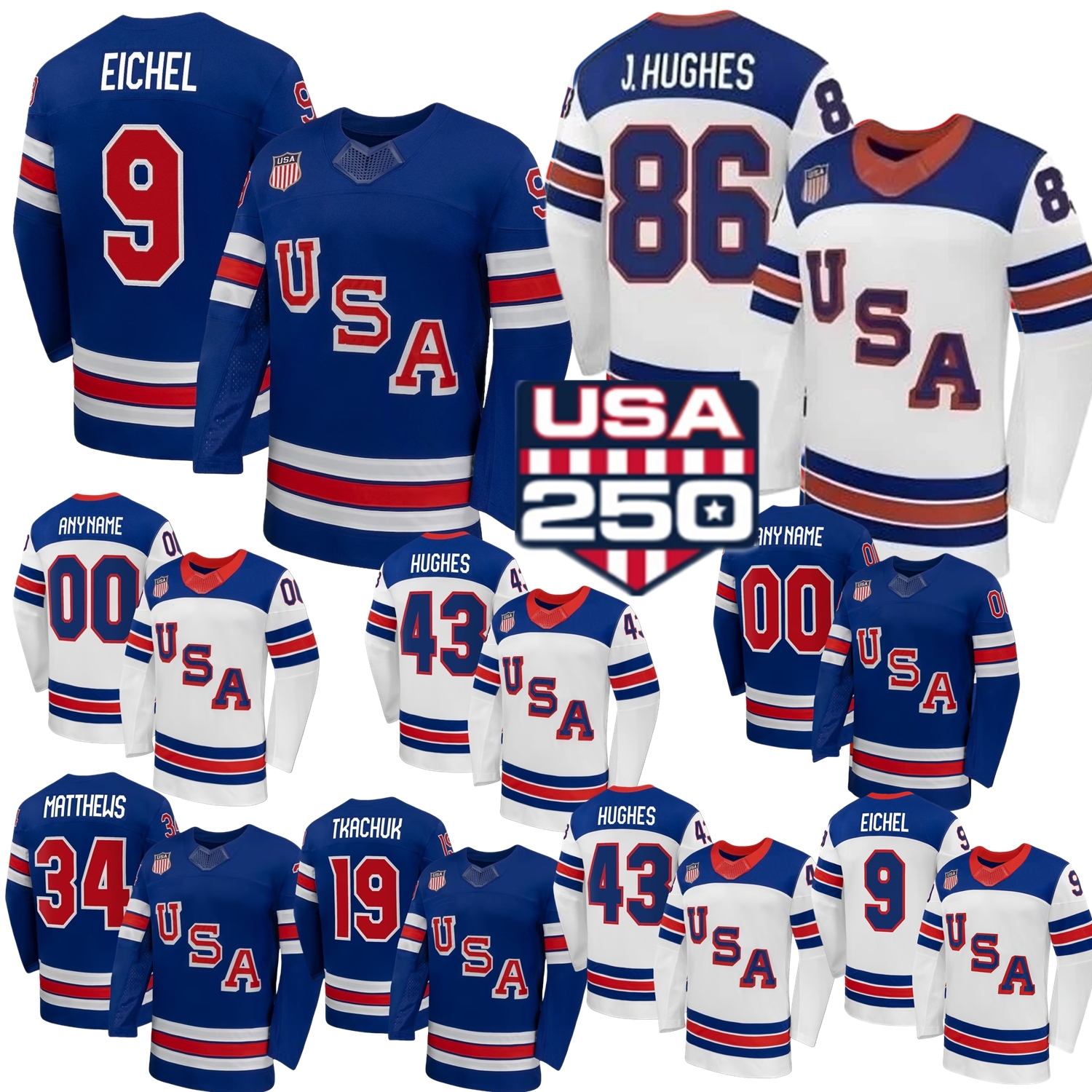 2026 Team USA Hockey Jersey Jack Eichel Quinn #86 Jack Hughes Hellebuyck Auston Matthews Charlie McAvoy Brady Tkachuk Tkachuk Guentzel Keller Boldy Miller Swayman