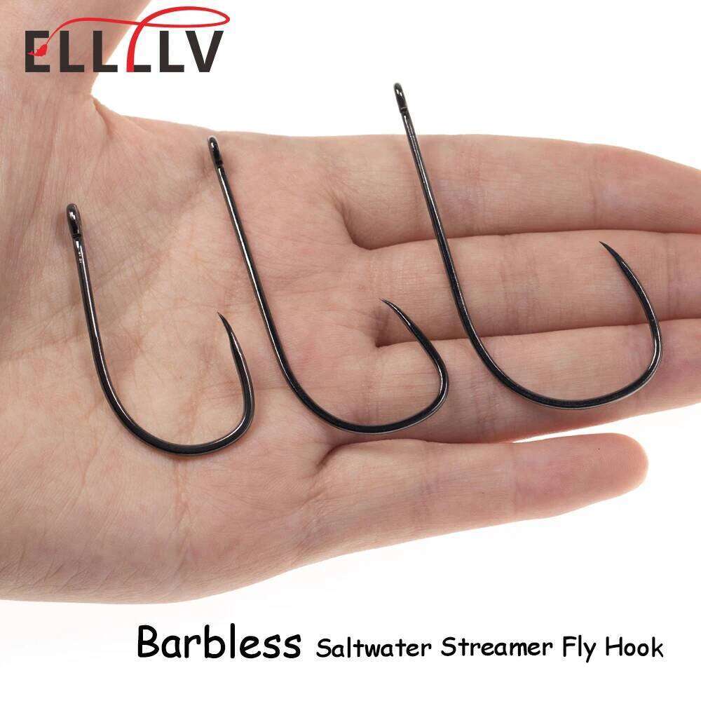 Elllv 20pcs 1# - 5/0 Barbless Saltwater Streamer Fly High Carbon Steel Black Nickel Non-barbed Big Game Fishing Hook Z260228