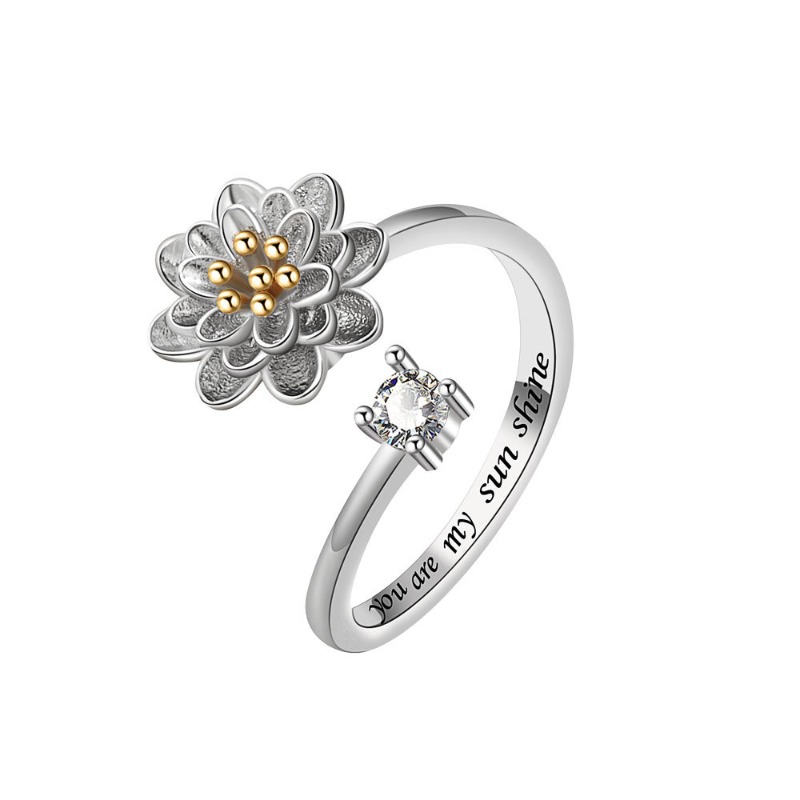 Designer Adjustable Open Ring for Women, Cute Spinning Daisy Fidget Ring, Shiny Zircon Inlaid, INS Style Minimalist Elegant Fashion Jewelry Gift