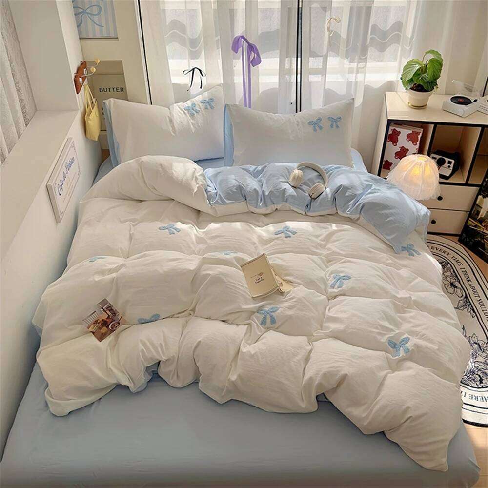 Ins Style Girl Blue 1.5m/1.8m Fitted Bow Towel Bedding Embroidery Washed Cotton Four-piece Set Bed Sheet Three-piece W260302