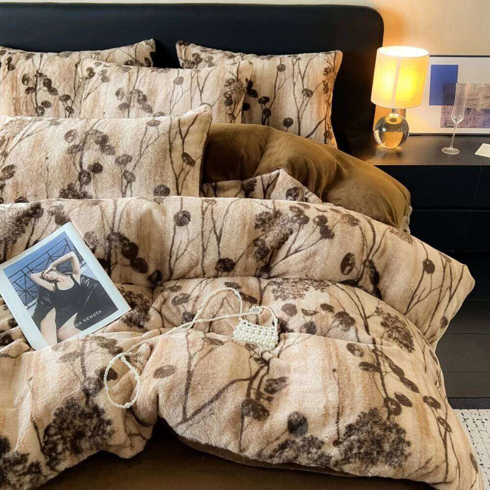 Leopard Print Rabbit Plush Quilt Cover Pillowcase Bed Sheet Class A Four-Piece Thicken Winter Warm Coral Fleece Bedding Set W260302