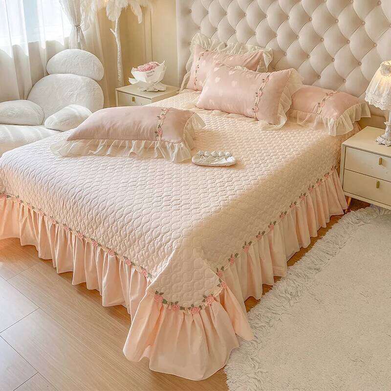 4Pcs Pure Cotton French Flowers Lace Ruffles Princess Wedding Bedding Set Duvet Cover Quilted Bedspread Bed Skirt Pillowcases W260302