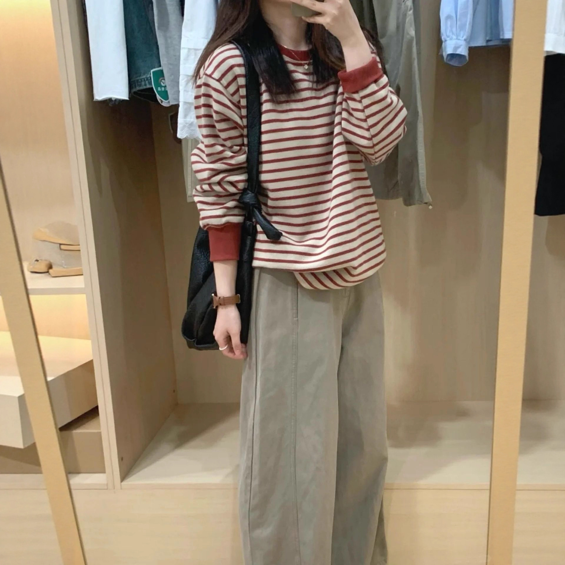 Factory Polo Shirt Korean Style Early Designer Hoodie Autumn New Red Striped Sweatshirt For Women Lazy High-end Loose Casual Long Designer Shirt Sleeve Top