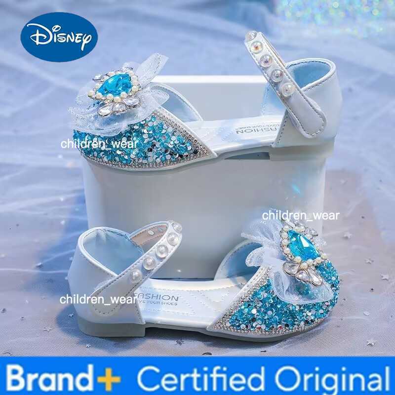 Disney KidsCasual Shoes Elsa Princess Frozen PU Leather Summer Shoes For Girls Sequin Bow Breathable Sliver Blue Purple Size 23-34 H260303