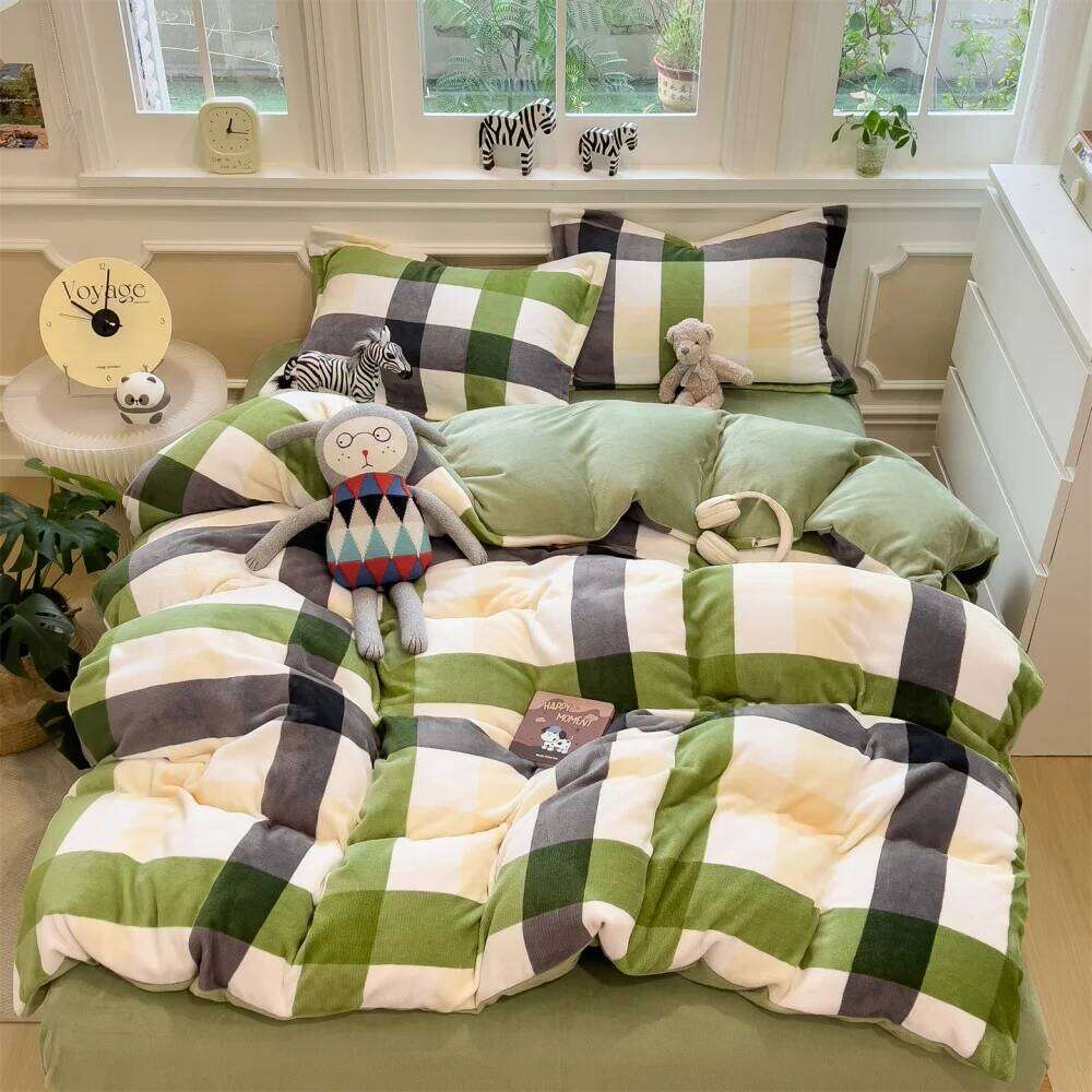 Simple Style Grid Milk Velvet Bedding Thicken Winter Warm Soft Four-Piece Set Bedroom Decor Quilt Cover Bed Sheet Pillowcase W260302 W260302