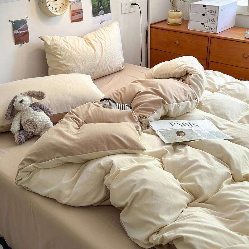 New Washed cotton solid color four piece set, student dormitory bed sheets, duvet covers, bedsheets, small fresh brushed bedding W260302