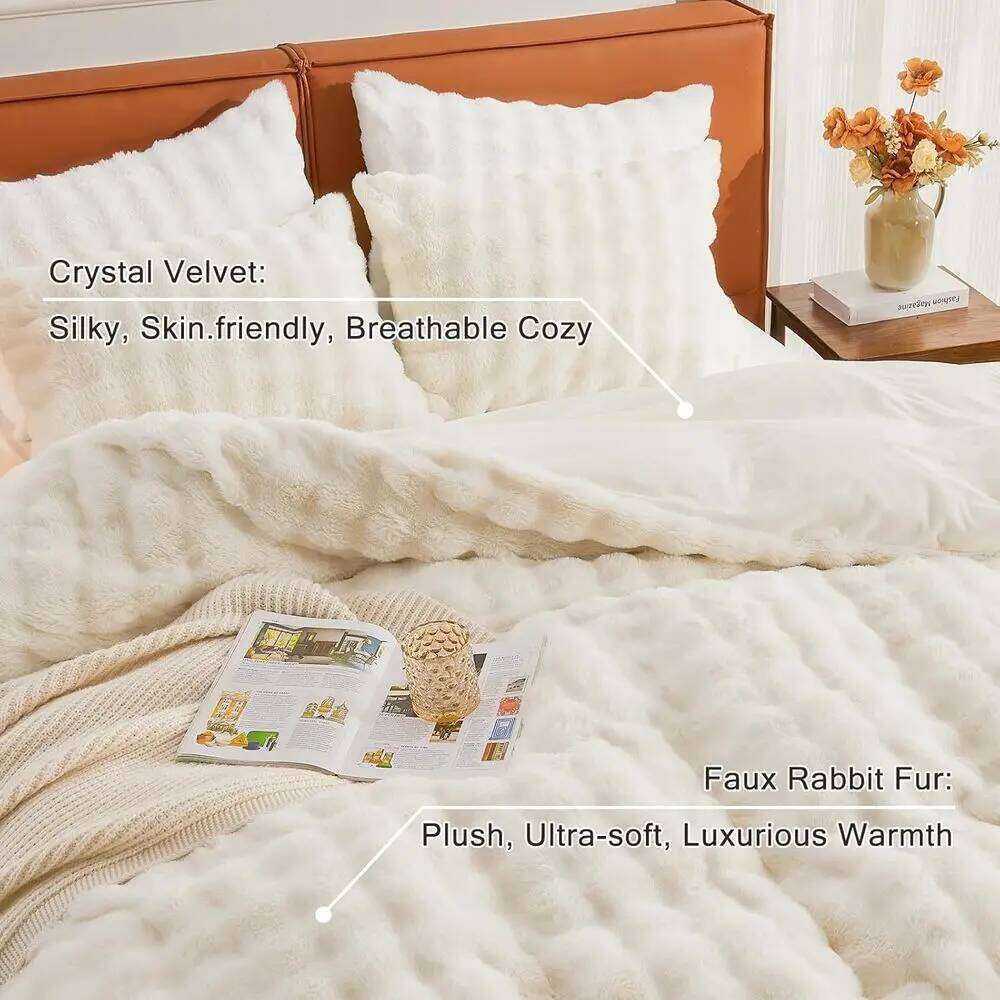 King Size Faux Fur Duvet Set - 3-Piece Fluffy Comforter Cover with Pillow Cases, Luxurious Shaggy Bubble Design for Cozy Winter W260302