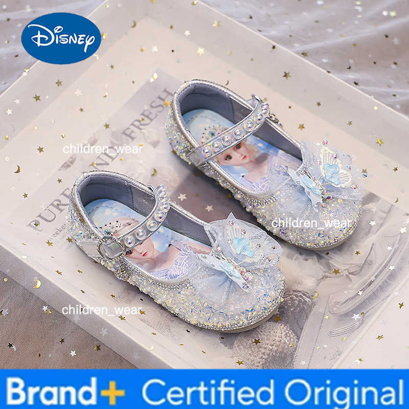 Disney Girls Sandals Cartoon Frozen Elsa Children Crystal Princess Shoes Spring Kids Bowknot Party Beach Soft Flat Glass Slippers H260303
