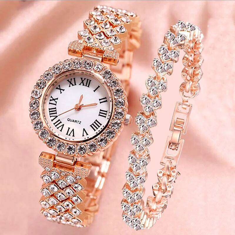 2pcs Luxury Women Rhinestone Rose Gold Watch Fashion Ladies Quartz Diamond Wristwatch Elegant Female Bracelet Watches Set Gift XJ260303
