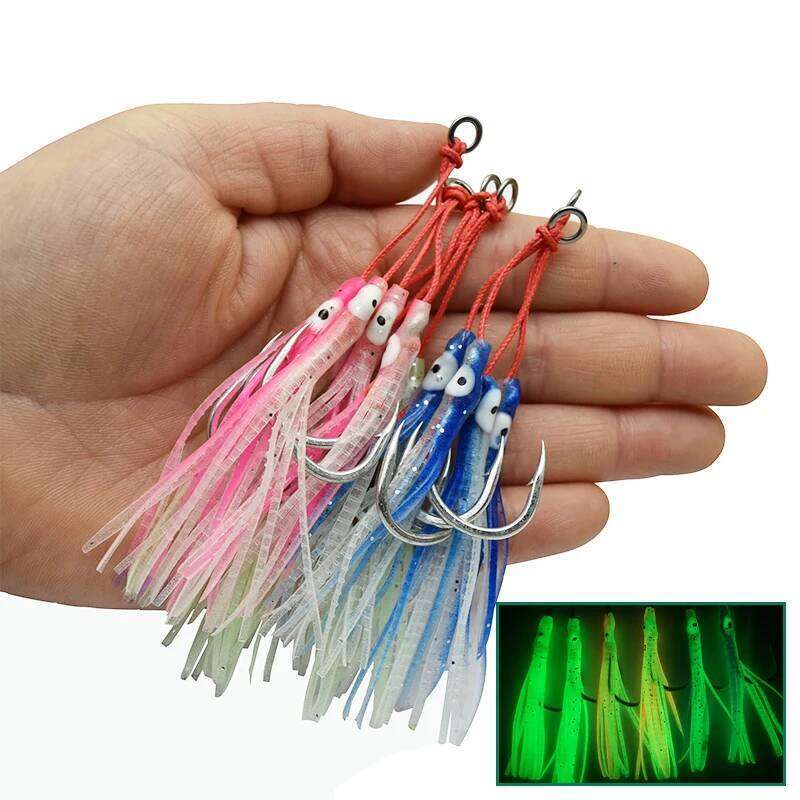 4pcs/lot Luminous Octopus Metal Jig Mate High Carbon Steel With Assist Silicone Ribbon Marine Fishing Double Jigging Hook Z260228