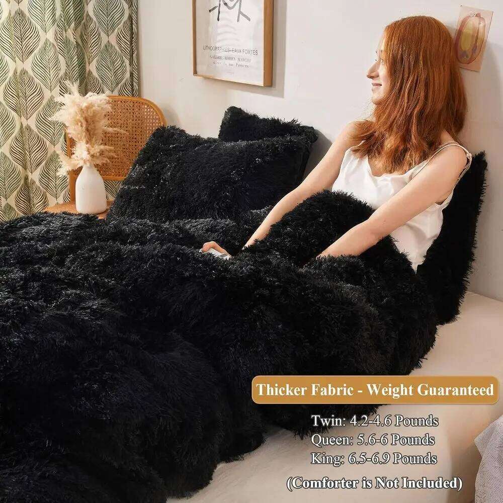 Luxury Soft Crystal Velvet Duvet Cover - Plush Faux Fur Comforter King, Black W260302