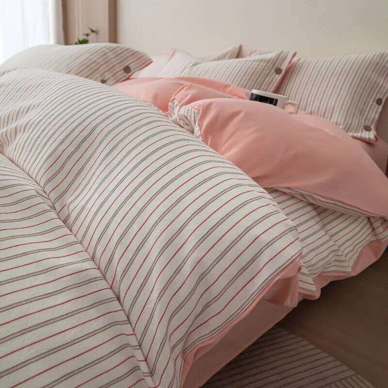 2024 new yarn-dyed small jacquard striped washed cotton simple bedding high-end button bed four-piece set W260302
