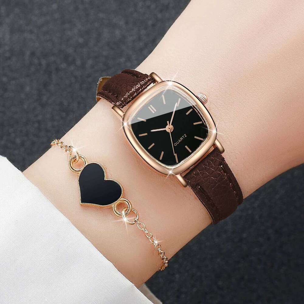 2PCS/Set Fashion Square Women Watch Leather Band Quartz Watches Heart Bracelet Set XJ260303