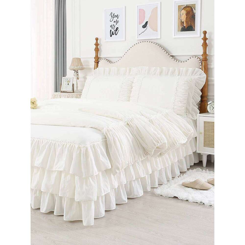 100% Premium Cotton Bedding Four Piece Set, Fairy Wind Lolita White Skirt Bed Sheet Quilt Cover, Ruffle Edge Duvet Cover Set W260302