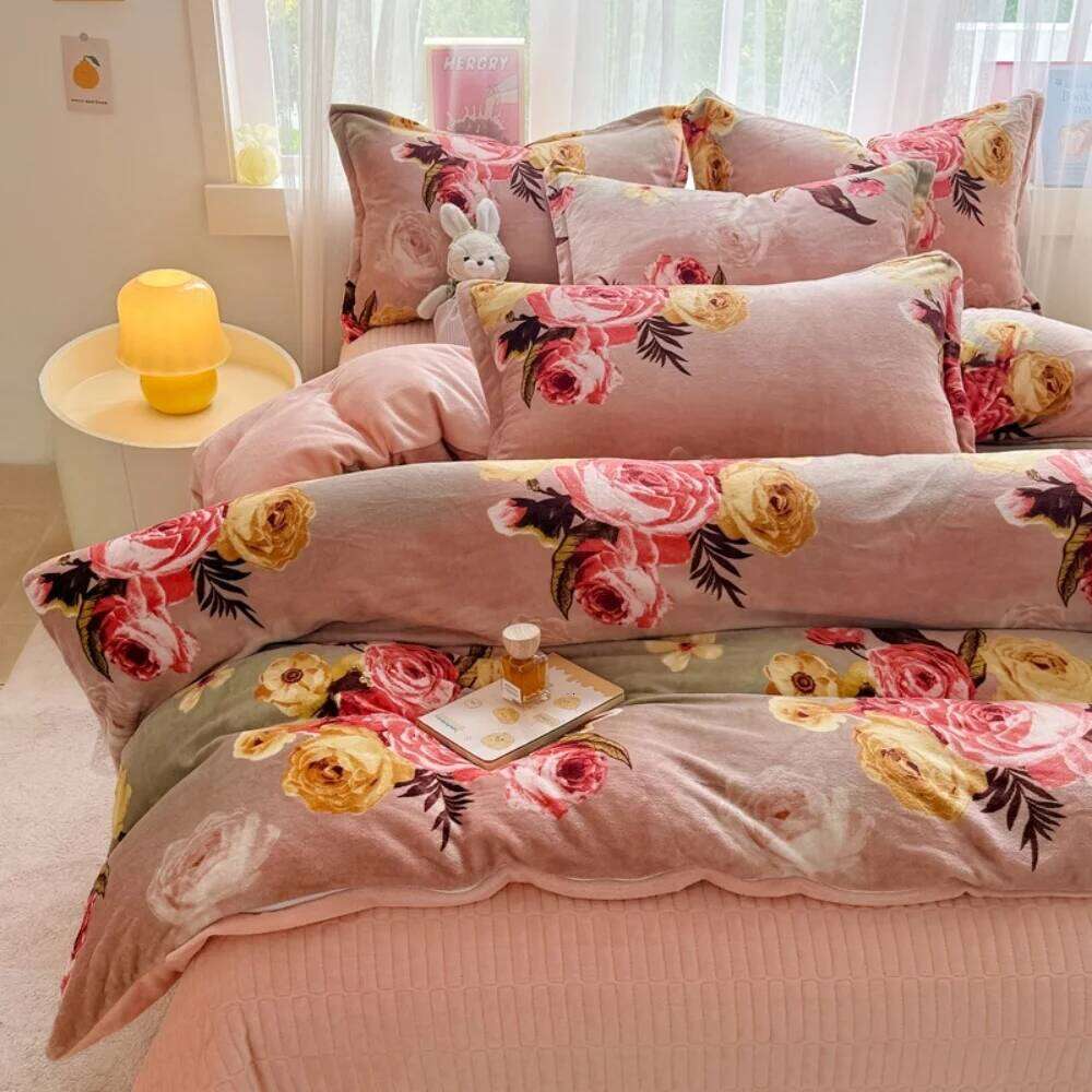 Winter Warm Thickened Milk Velvet Bedding Queen King Size Soft Coral Fleece Four-Piece Set Duvet Cover Pillowcase Bed Sheet W260302