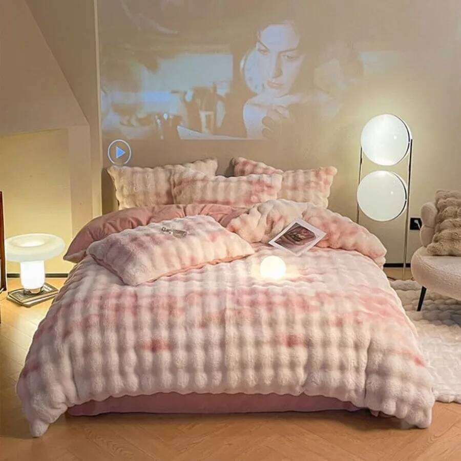 Queen Size Pink Fluffy Plush Shaggy Winter Reversible Duvet Cover Set with Bed Sheet and Pillow Cases Super Soft Thick Comforte W260302