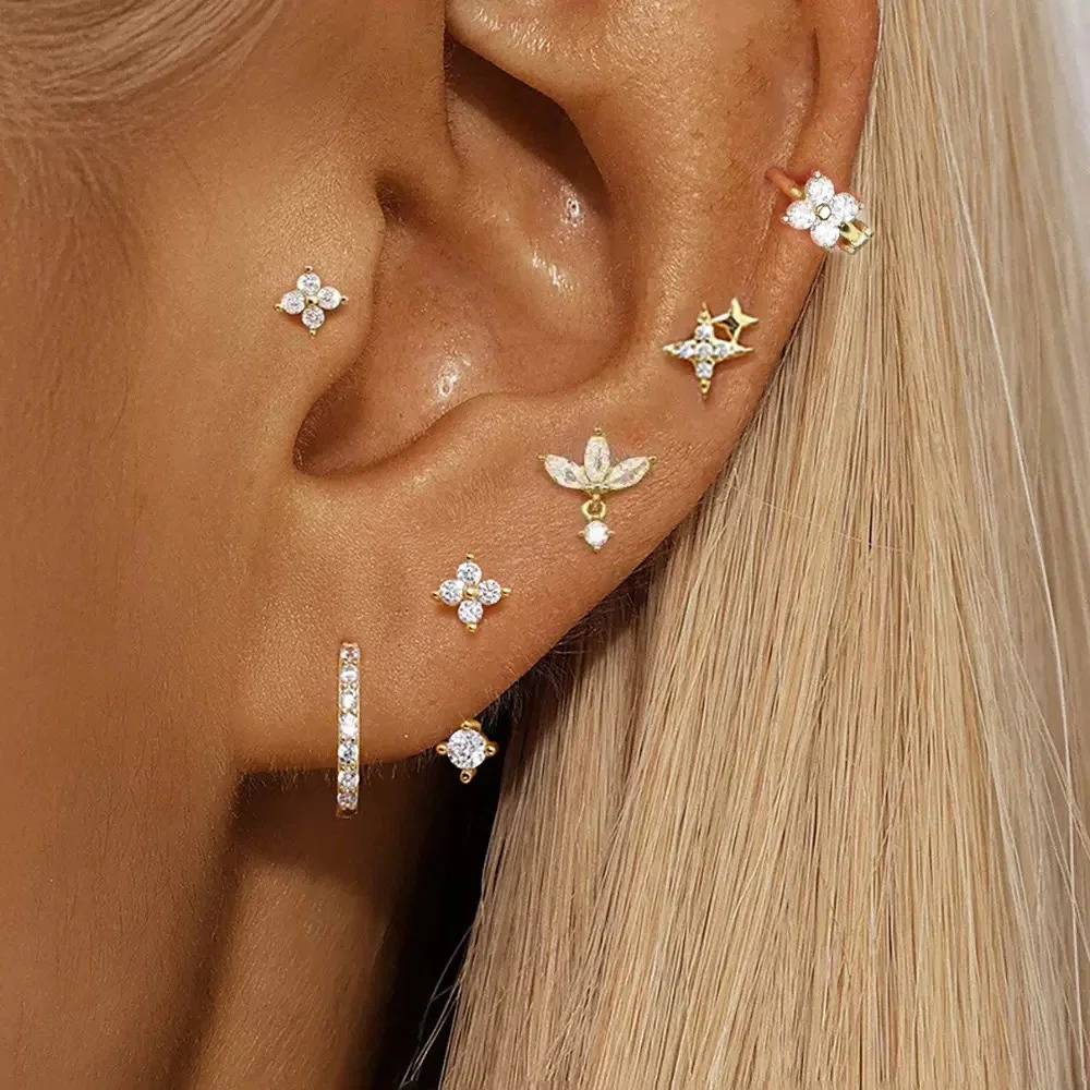 6PCS Fashion Cute Zircon Flower Ear Stud For Women Fashion 18K Gold Plated Star Ear Stud Earring Piercing Girl Set Jewelry Gift 260302