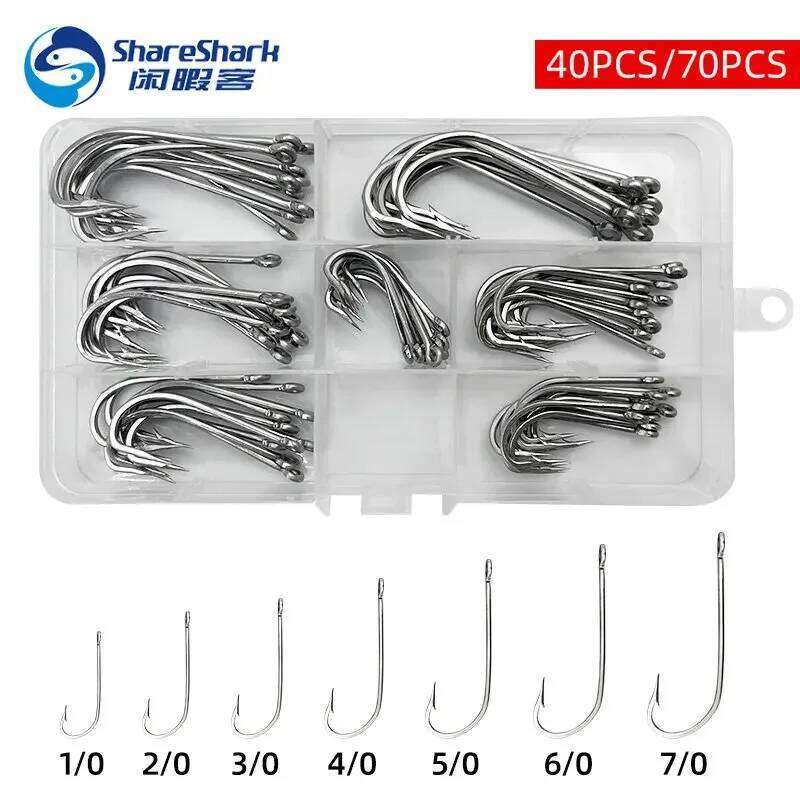 40PCS/70PCS BOX Stainless Steel Saltwater 34007 Long Shank Hook Fishing Accessories 1/0-7/0 Z260228
