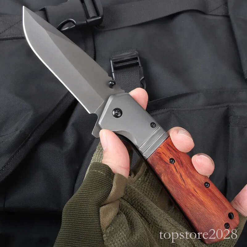 High Quality A228 Flipper Folding Knife 3Cr13Mov Titanium Coating Drop Point Blade Wood with Steel Handle Outdoor EDC Pocket Knives