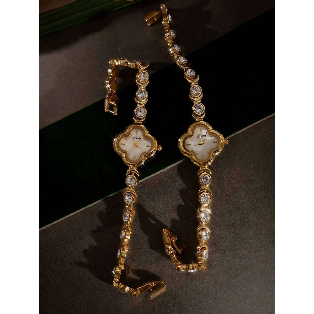 1 Piece of New High-End French Luxury Fashion Inlaid Four-Leaf Clover Shape Surface 30m Waterproof Quartz Rhinestone Mother-Of-Pearl Dial Gorgeous Rom
