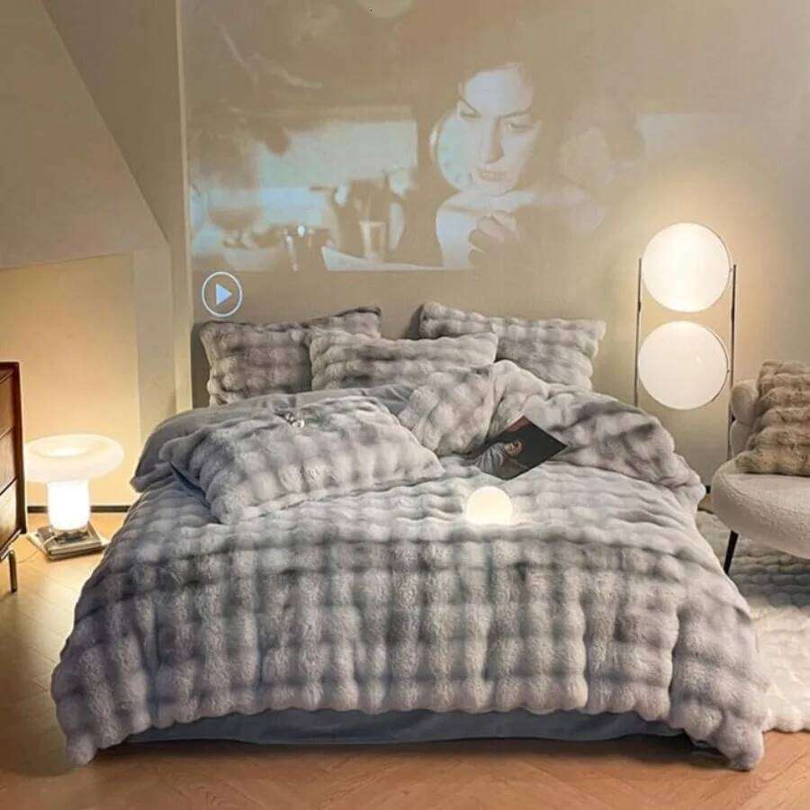 ZYFAB Fluffy Plush Shaggy Bedding 4 Pieces Super Soft Reversible Duvet Set with Thick Winter Comforter Cover and Bed W260302