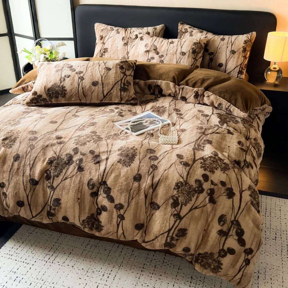 Leopard Print Rabbit Plush Quilt Cover Pillowcase Bed Sheet Class A Four-Piece Thicken Winter Warm Coral Fleece Bedding Set W260302