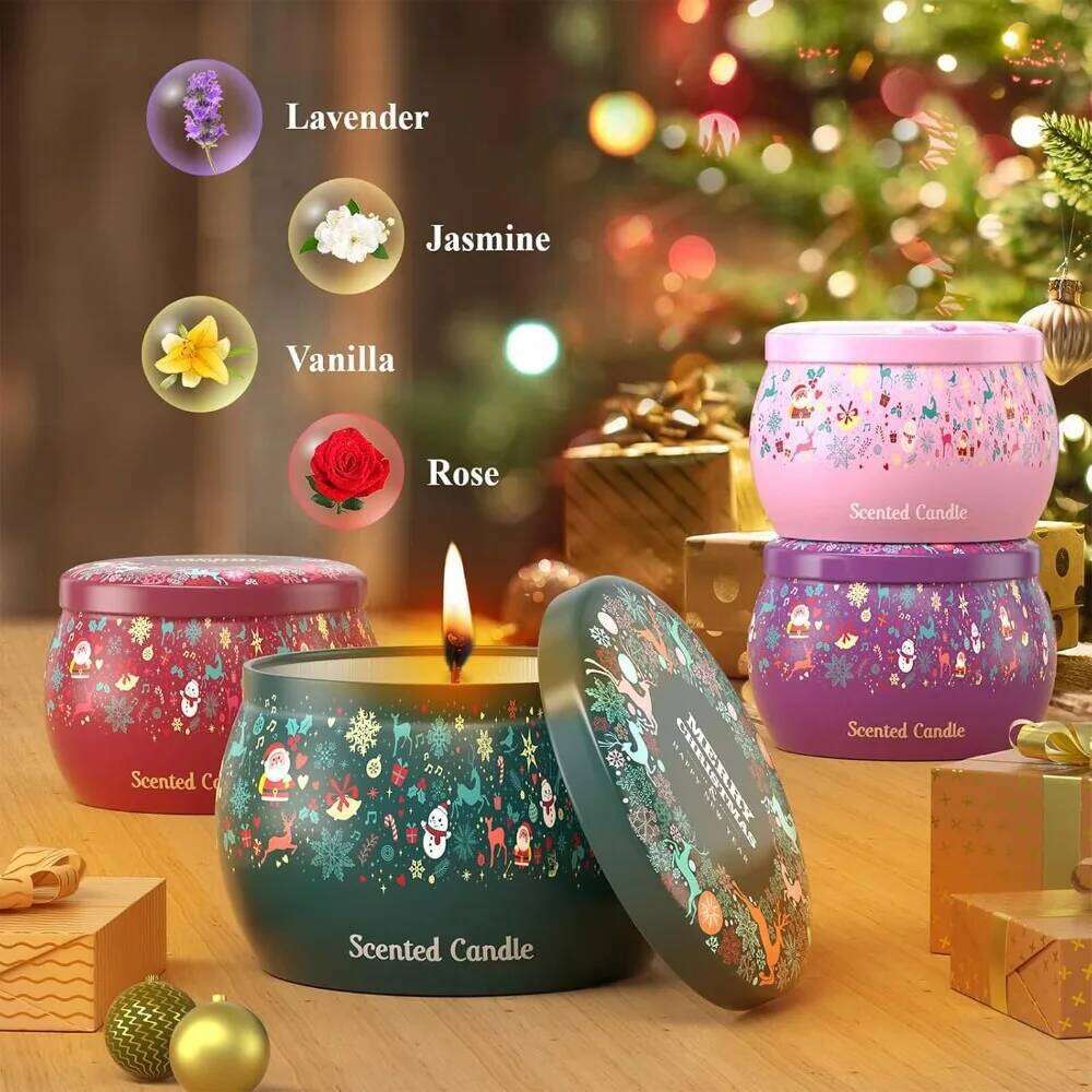 THAUSDAS 4-Pack 4.4oz Christmas Scented Candles Rose/Jasmine/Lavender/Vanilla, 120H Aromatherapy Gift Set W260303
