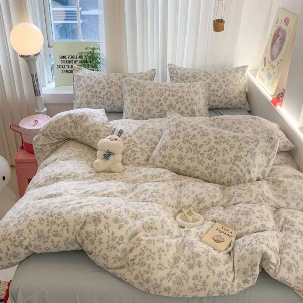 Class A Knitted Bedding Floral Style Linen Soft Double Yarn Four-Piece Quilt Cover Set Bed Sheets Gift for Home W260302 W260302
