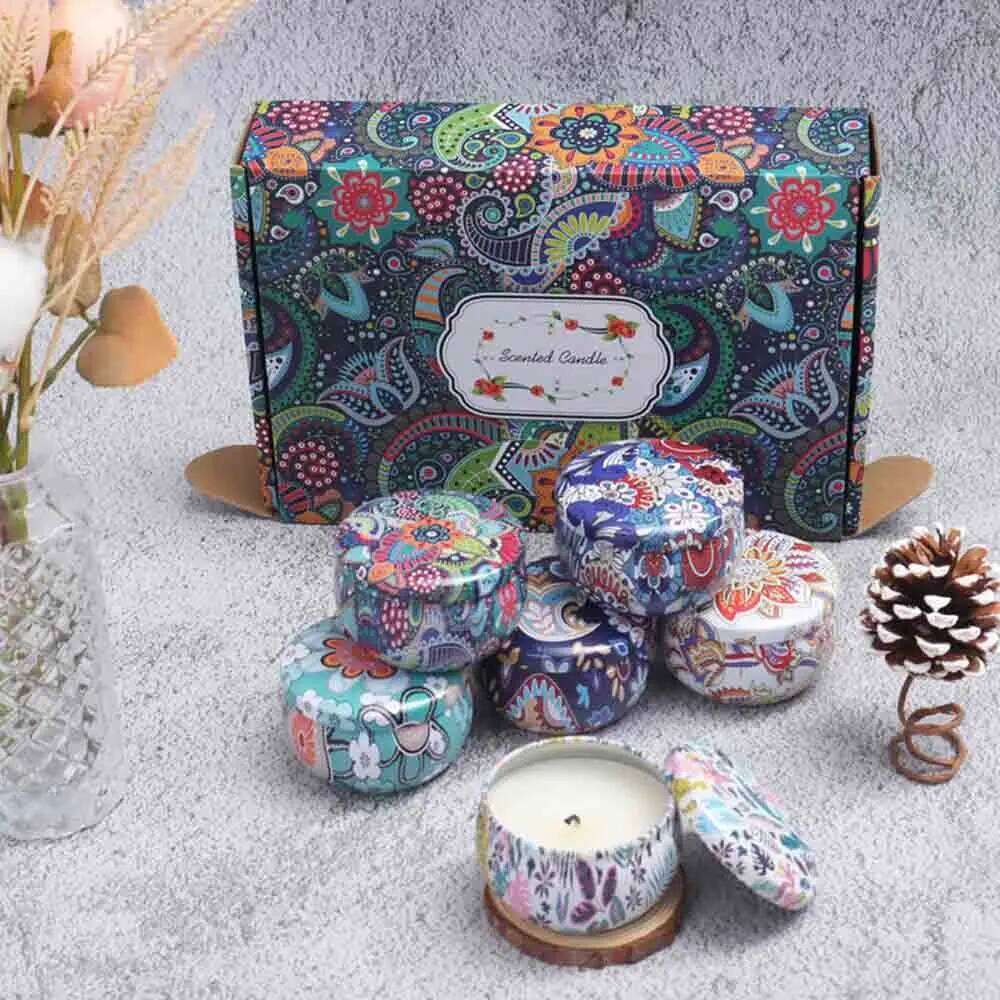6PCS/Set Scented Box Vintage Flower Rose Lavender Candle Jars Soy Wax Fragrance Candles Wedding Birthday Gift Home Decor W260303