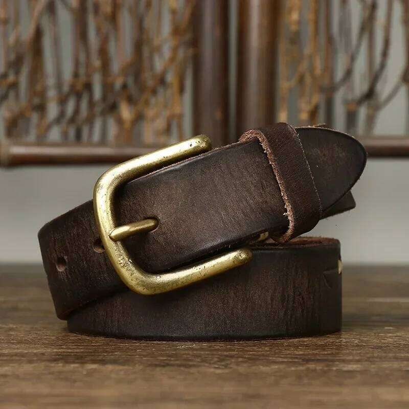 3.3 CM Pure Cowhide Genuine Leather for Men's High Quality Jeans Brass Buckle Belts Cowboy Waistband Male Fashion Designer S260228