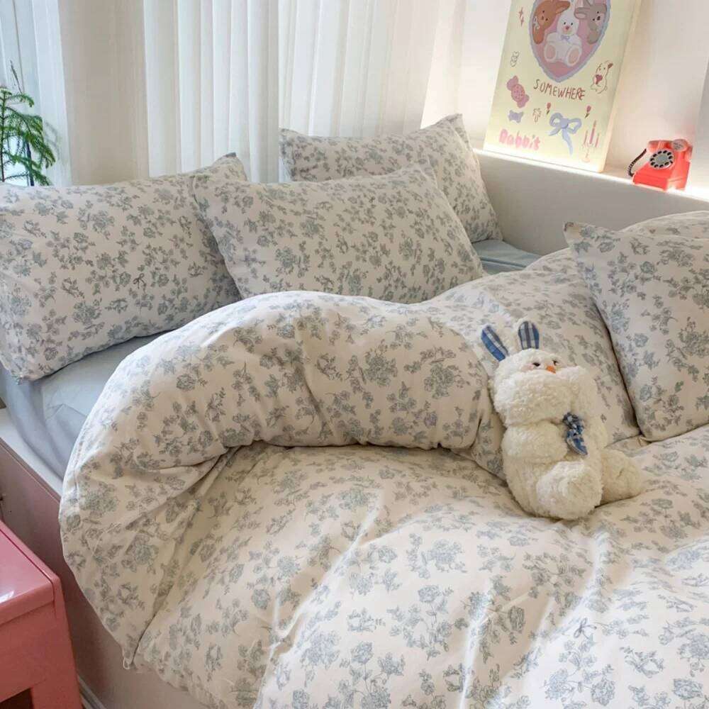 Class A Knitted Bedding Floral Style Linen Soft Double Yarn Four-Piece Quilt Cover Set Bed Sheets Gift for Home W260302 W260302