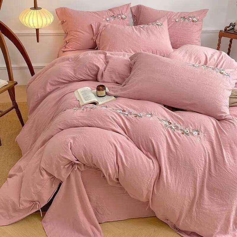 New Chinese embroidery washed cotton soft quilt cover bed sheet four-piece set W260302
