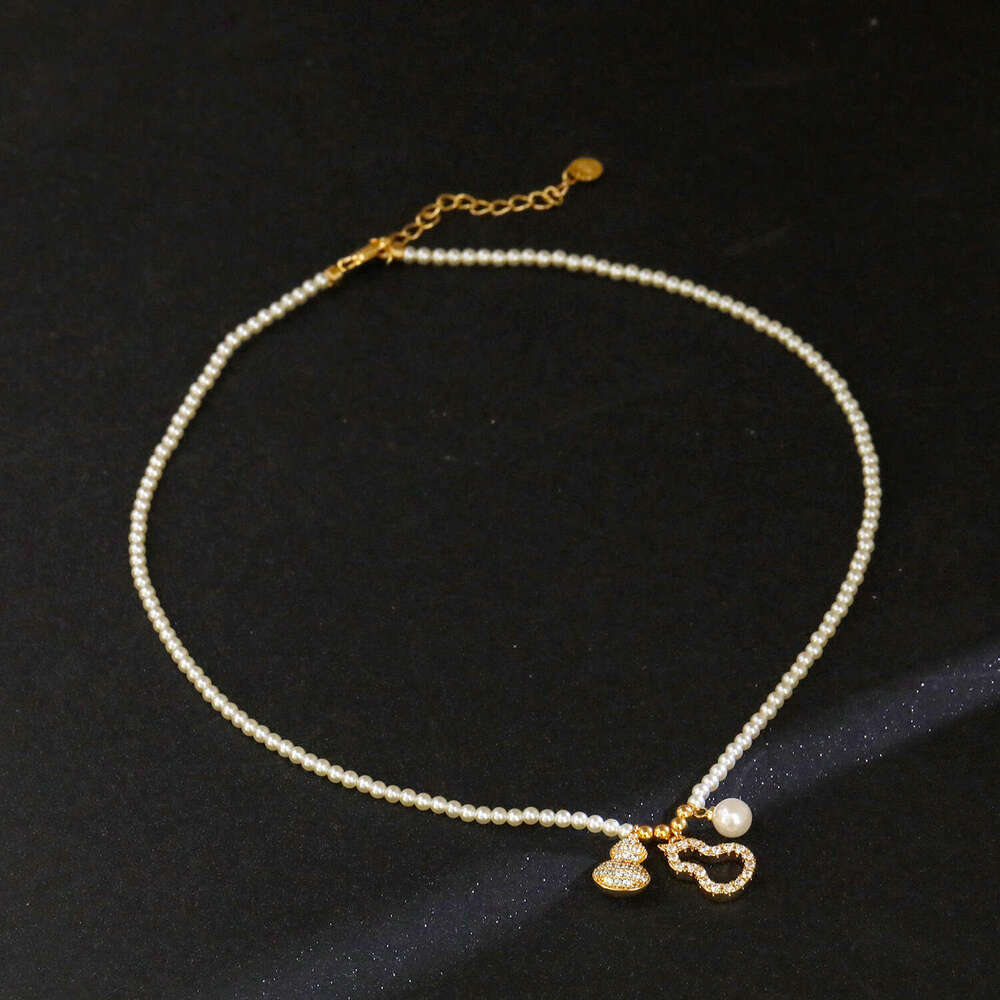 Round Millet Pearl Necklace For Women Diamond-encrusted Gourd Pendant Collarbone Chain Neck Accessory