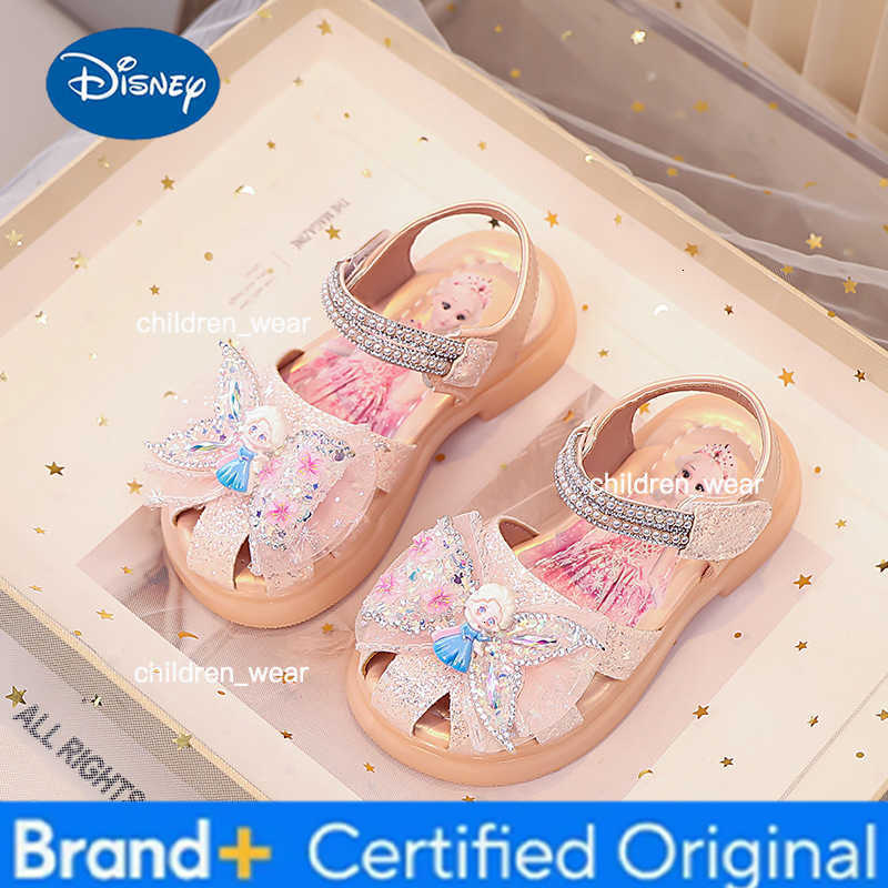 Disney Sandals Girls Princess PU Leather Summer Fashion Crystal Sequin Flat Bottom Shoes For Breathable Anti-slip Blue Pink Size 23-33 H260303