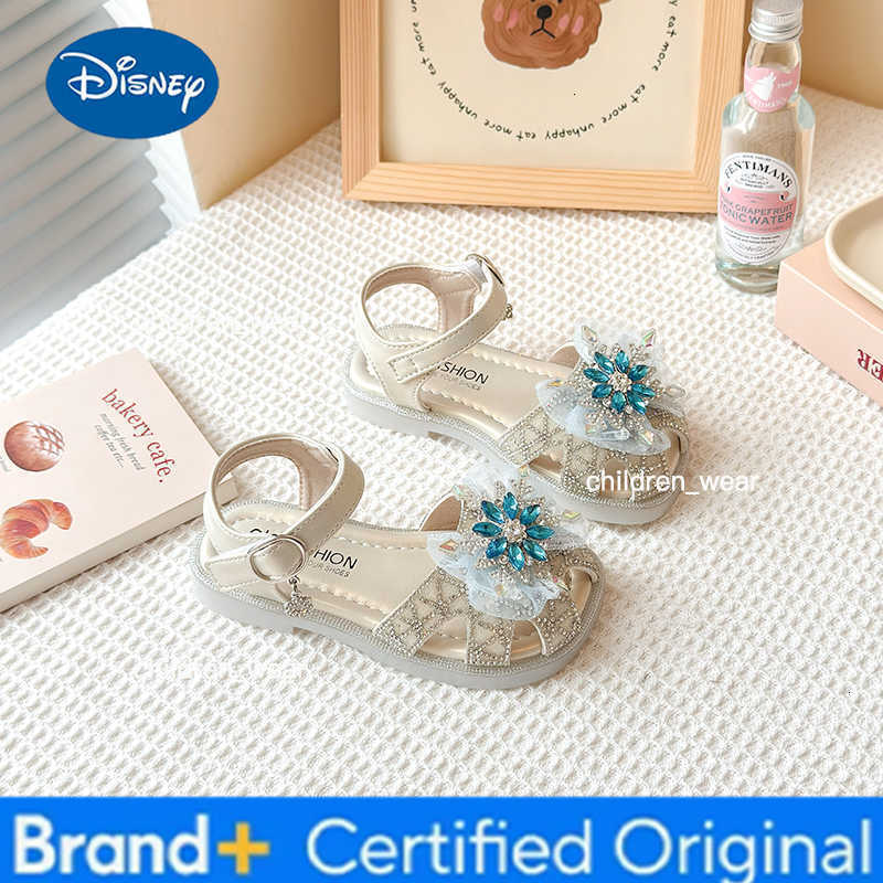 Disney Childrens Sandals Summer Girls Princess Toe Wrapped Flat Shoes Fashion Rhinestone Glitter Kids Causal Cut-outs Non-slip Sandals H260303