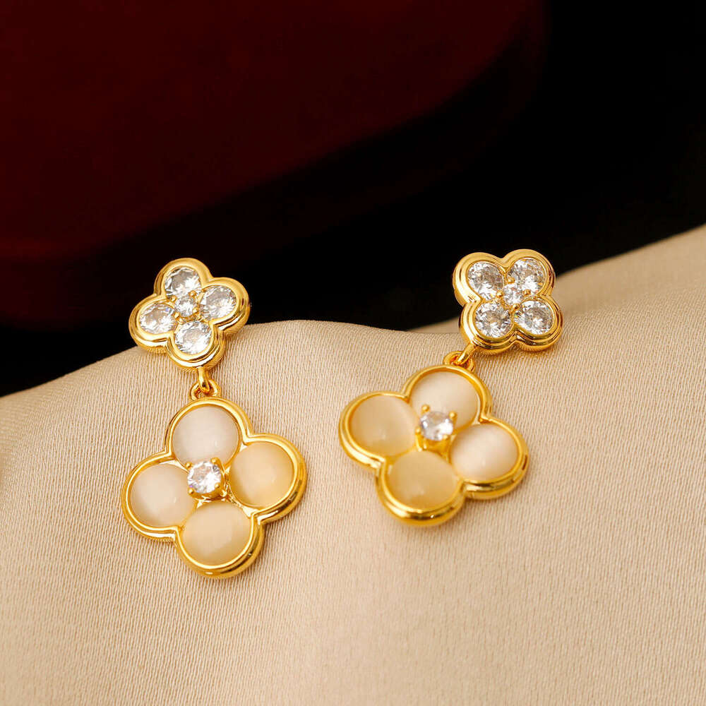Versatile Cat's Eye Stone Earrings Four-leaf Clover Earrings Light Luxury Zirconia Inlaid Jewelry For Women