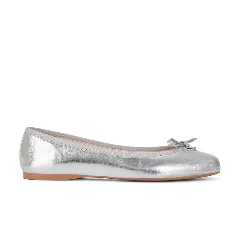 2026 summer new free shipping leather silver round toe flat shoes butterfly bow designer ballet shoes for women