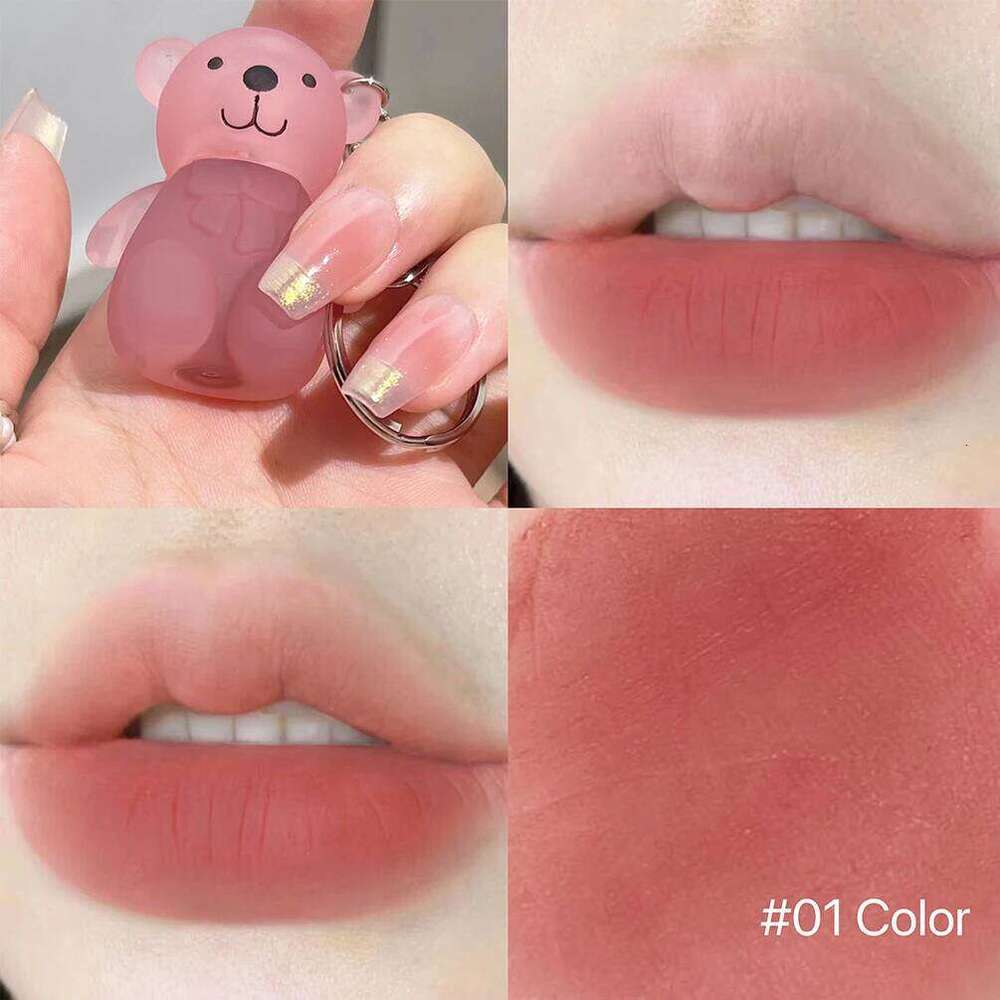 Cute Bear Velvet Mud Keychain Matte Nude Red Lip Gloss Autumn Winter Non-stick Cup Lipstick Waterproof Lasting Lips Makeup H260302