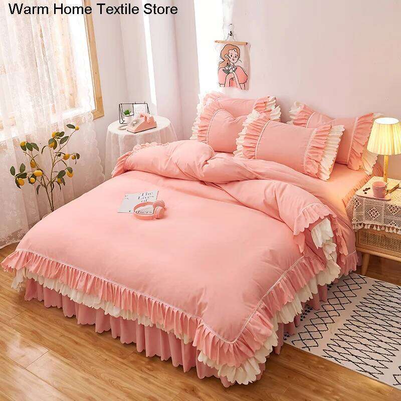 For Pink Lace Ruffle Bedding Set Luxury Bed Skirt Sheet Korean Duvet Cover Girls Princess Bedspread Pillowcases W260302