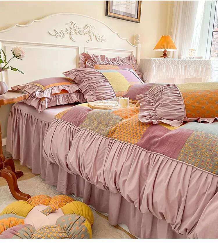 Four-Piece Set Bed Skirt Stitching Printing and Dyeing Household Bedding French Retro Plaid Cotton Thickened Warm Autumn Winter W260302