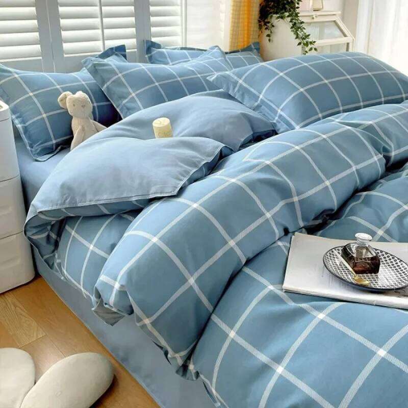 Plant Thickened Three Four Piece Bed Sheet Set Blue And White Large Grid W260302