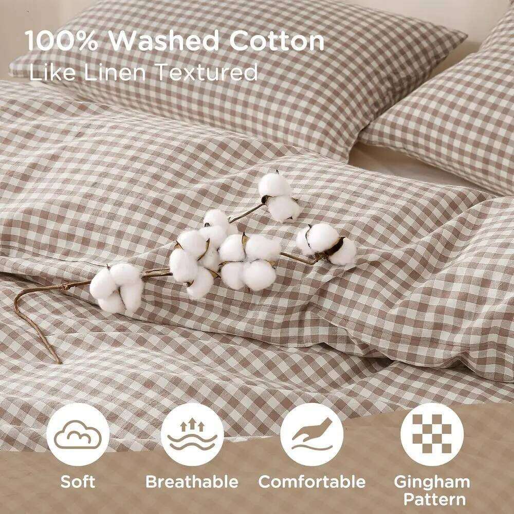 Vintage Brown Plaid Washed Cotton Queen Duvet Cover Set, 100% Soft Linen-Like, 3-Piece, Comforter Not Included W260302