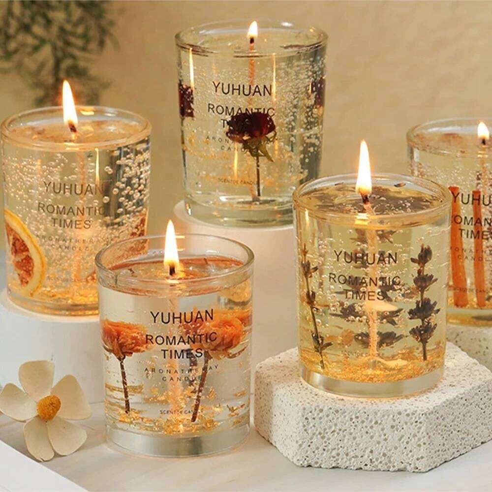 1Pc Handmade Smokeless Aromatherapy Candle - Dried Flower Jelly Wax in Creative Glass Cup for Home Fragrance Decor & Party Gift W260303