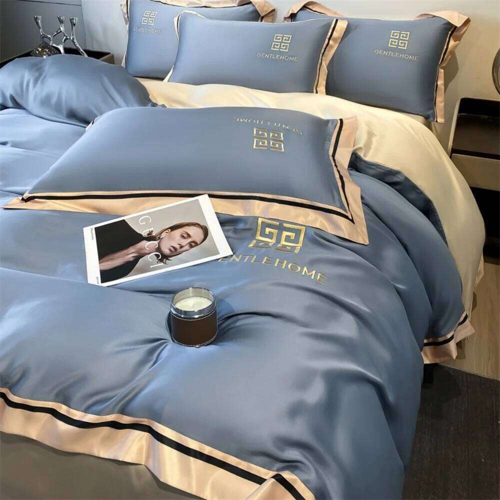 Luxury Embroidery Four-Piece Washed Ice Silk Smooth Sleeping Naked Summer Duvet Cover Bed Sheet Pillowcases Bedding Set W260302