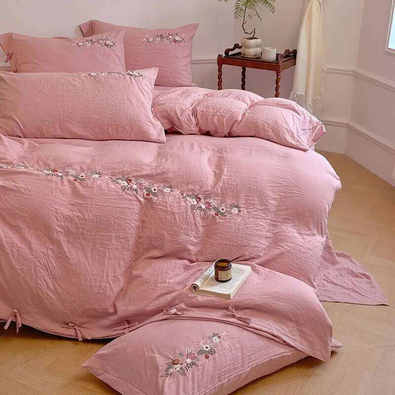 New Chinese embroidery washed cotton soft quilt cover bed sheet four-piece set W260302