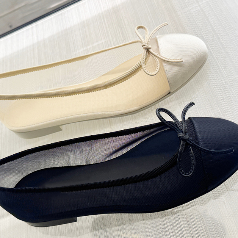 New Designer Flats Mesh Ballerine Shoes Women Bow Sandals Summer Mesh Slides Classic Ballet Flat Sexy Girls Pumps Wedding Dress Shoes 1057