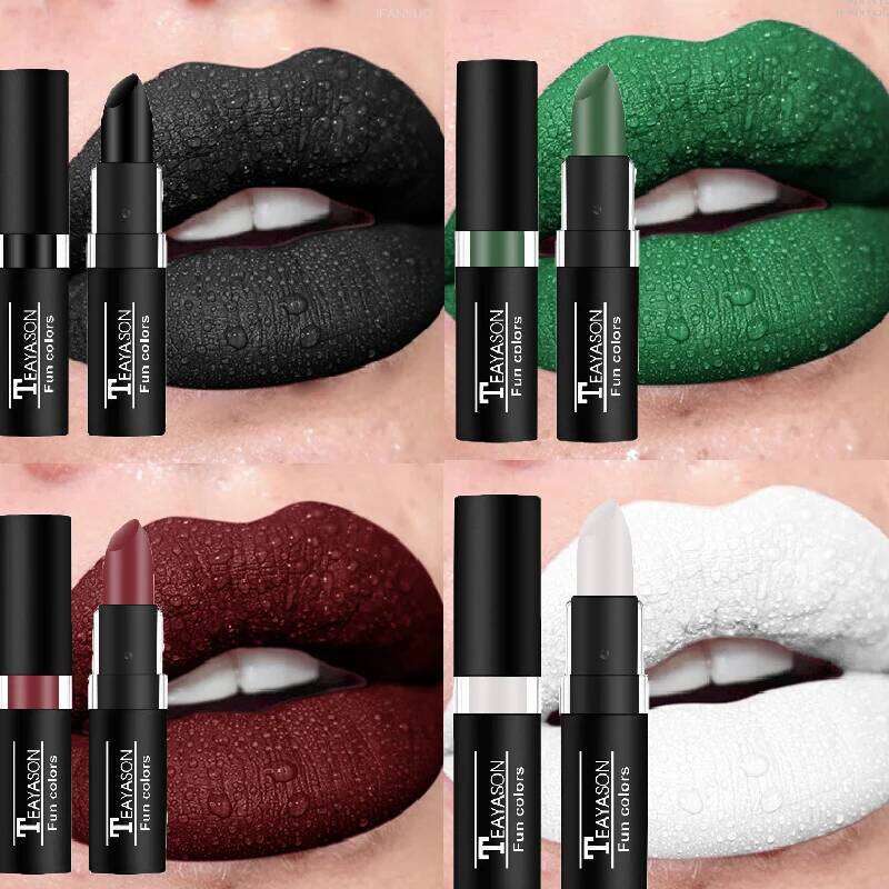 12Colors Matte Lipstick Black Green Sexy Red Velvet Gloss Long Lasting Non-stick Women Lip Tint Make Up Facial Body Cosmetic H260302