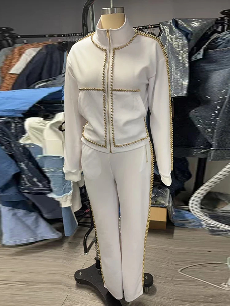 Chic Pearl Trimmed Coat Pants Women Set Elegant Long Sleeve Stand Collar Short Jacket Wide Leg Trouser Modern Lady 2 Pieces Sets 260303