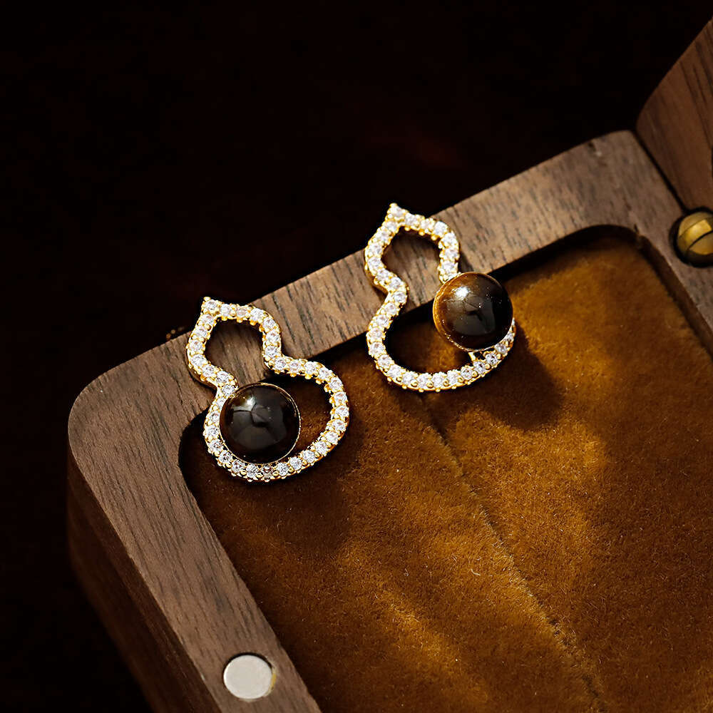 Tiger Eye Stone Hollow Micro-inlaid Gourd Niche Design Earrings Light Luxury Ear Accessories
